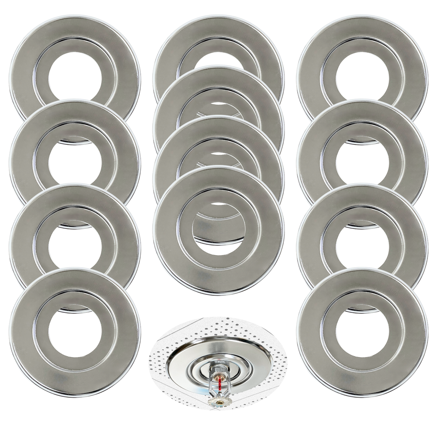 Retrofit Fire Sprinkler Escutcheon Cover Plate 1/2" IPS - Beveled 2 Piece Stainless Round Split Flange for Easily Covering Gaps Between Fire Sprinkler Pipe and Ceiling or Wall - 12 PK